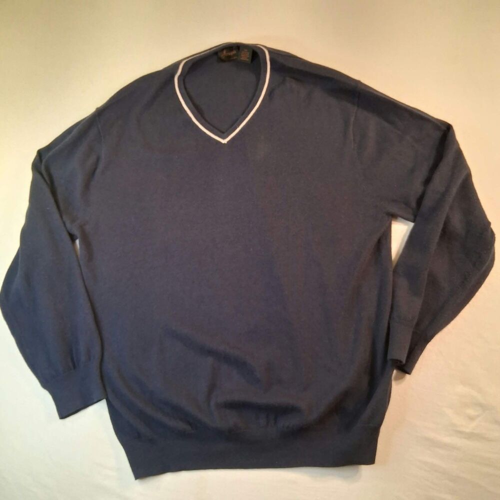 Vintage Jos A Bank Cotton Cashmere V Neck Sweater XXL Blue Ribbed Trim Pullover